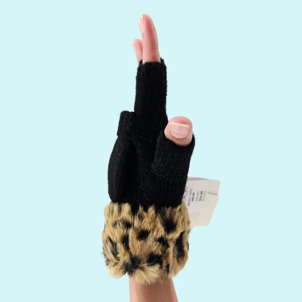 Adrienne Landau Gloves Black Leopard Fingerless Convertible Wool Blend Faux Fur
